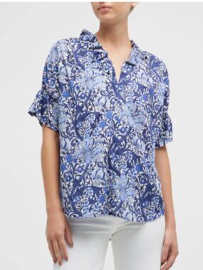 Finley Crosby Top Size XS Blue Iris Print 100% Cotton Short Sleeves Ruffles